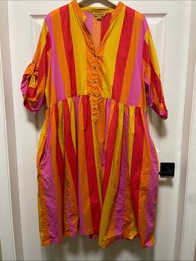 April Cornell | Vibrant | Stripe | Cotton Dress | Pink, Red & Yellow | Size XXL